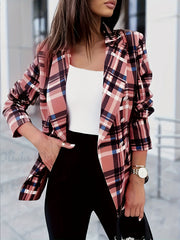  Plaid Print Long Sleeve Lapel Double Button Blazer