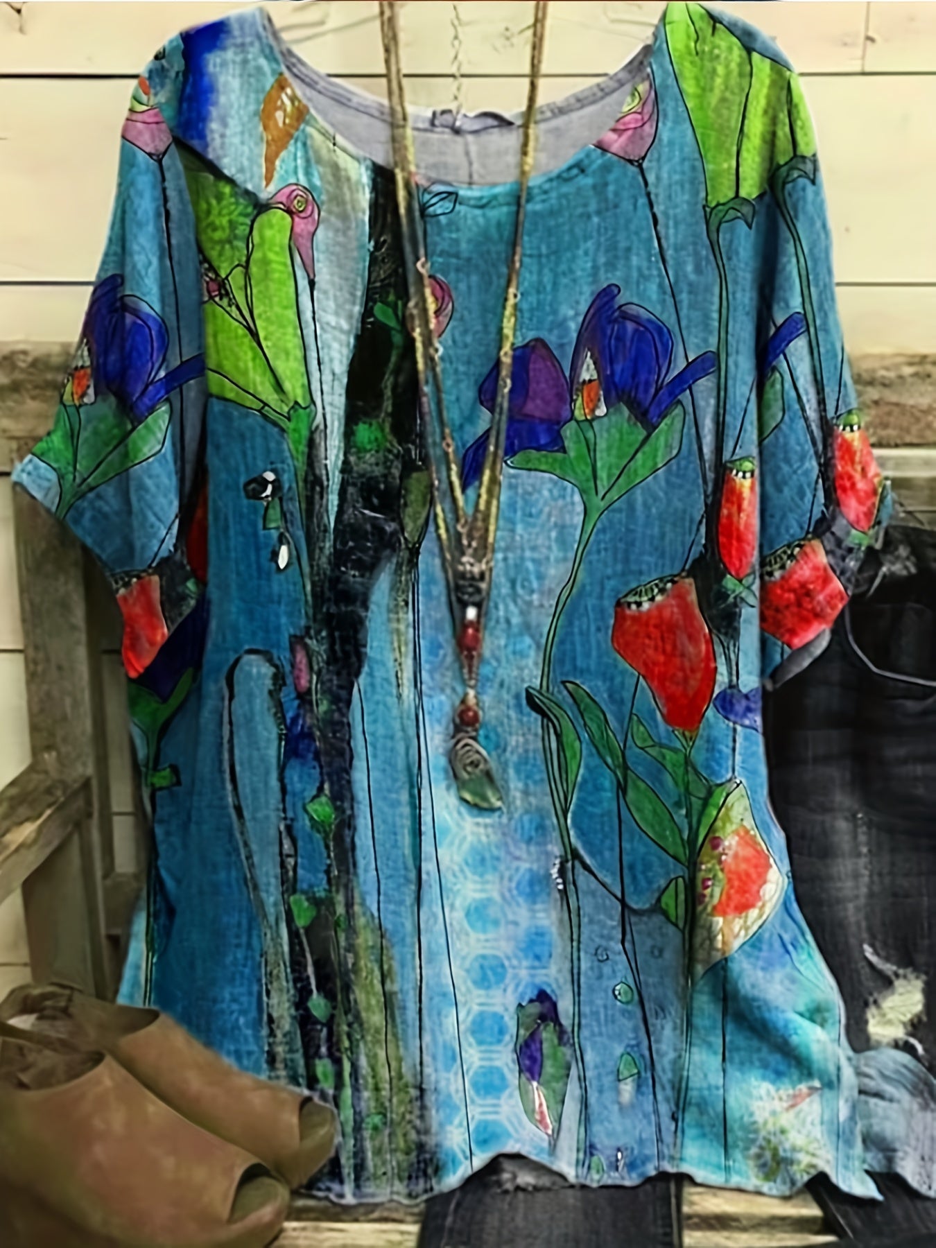  Floral Print Short Sleeve Split Blouse
