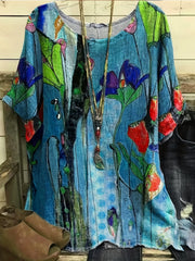  Floral Print Short Sleeve Split Blouse