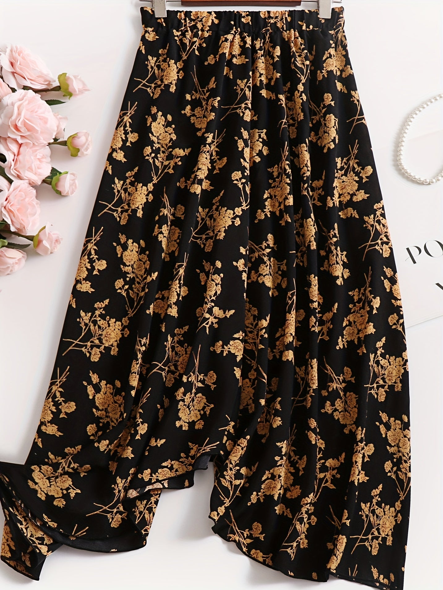  Vacay Skirt Women's Plus Floral Print Ruffle Trim Maxi Skirt