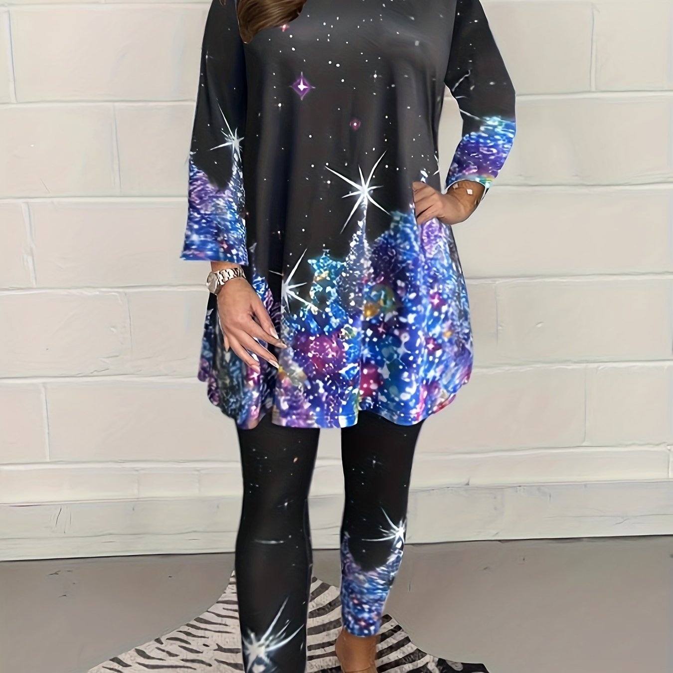  Glitter Starry Print Tee & Leggings Set