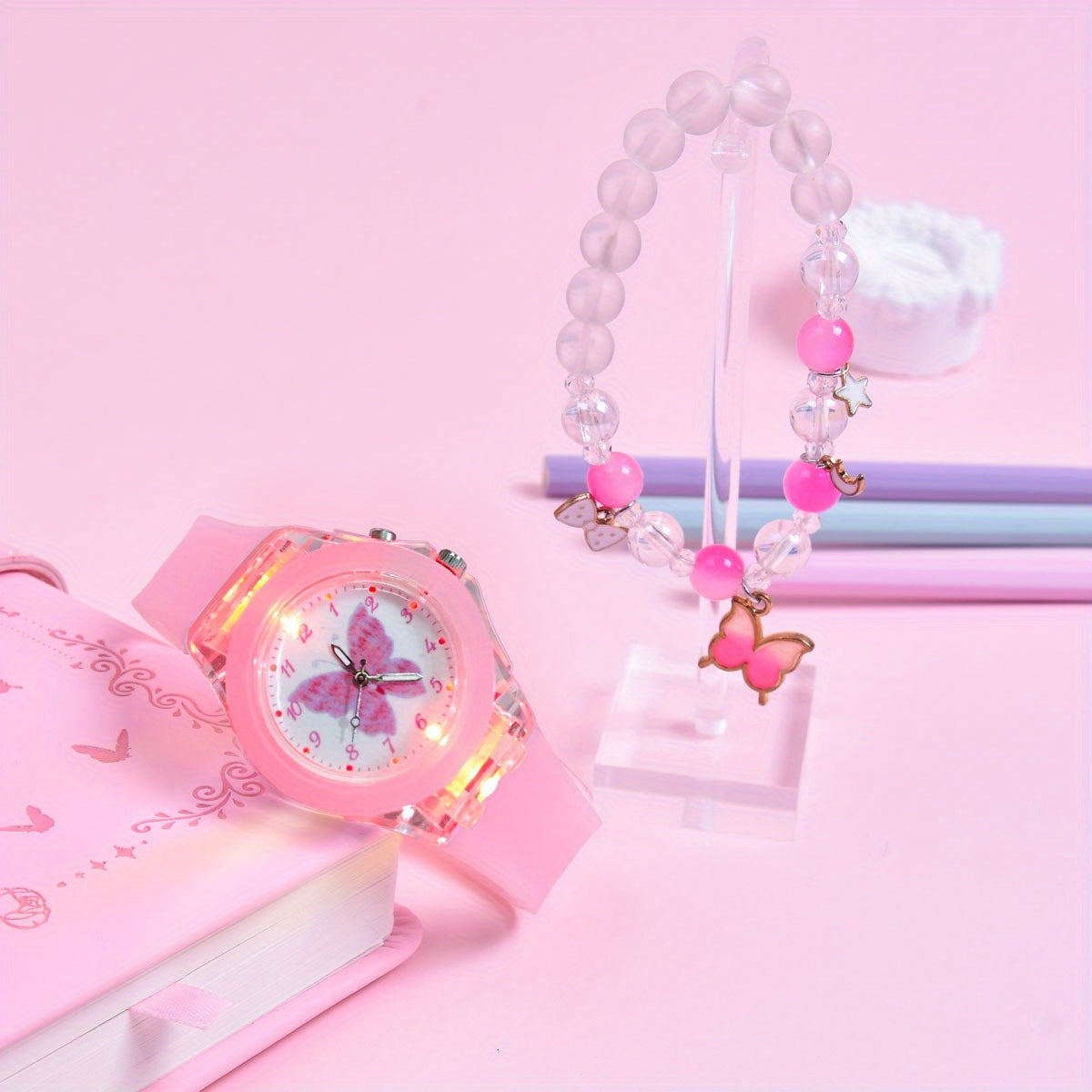 Girls' Silicone Strap Pointer Watch Set Butterfly Quartz Wristwatch