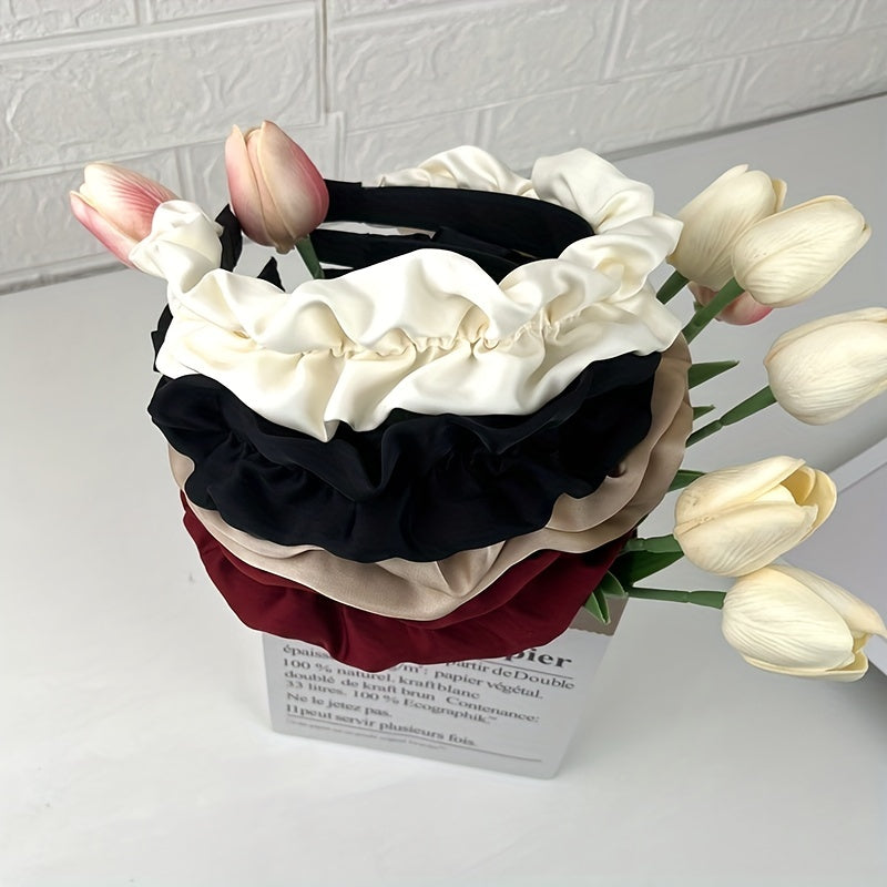 Wide Brim Head Hoop Satin Pleated Hair Band Solid Headdress