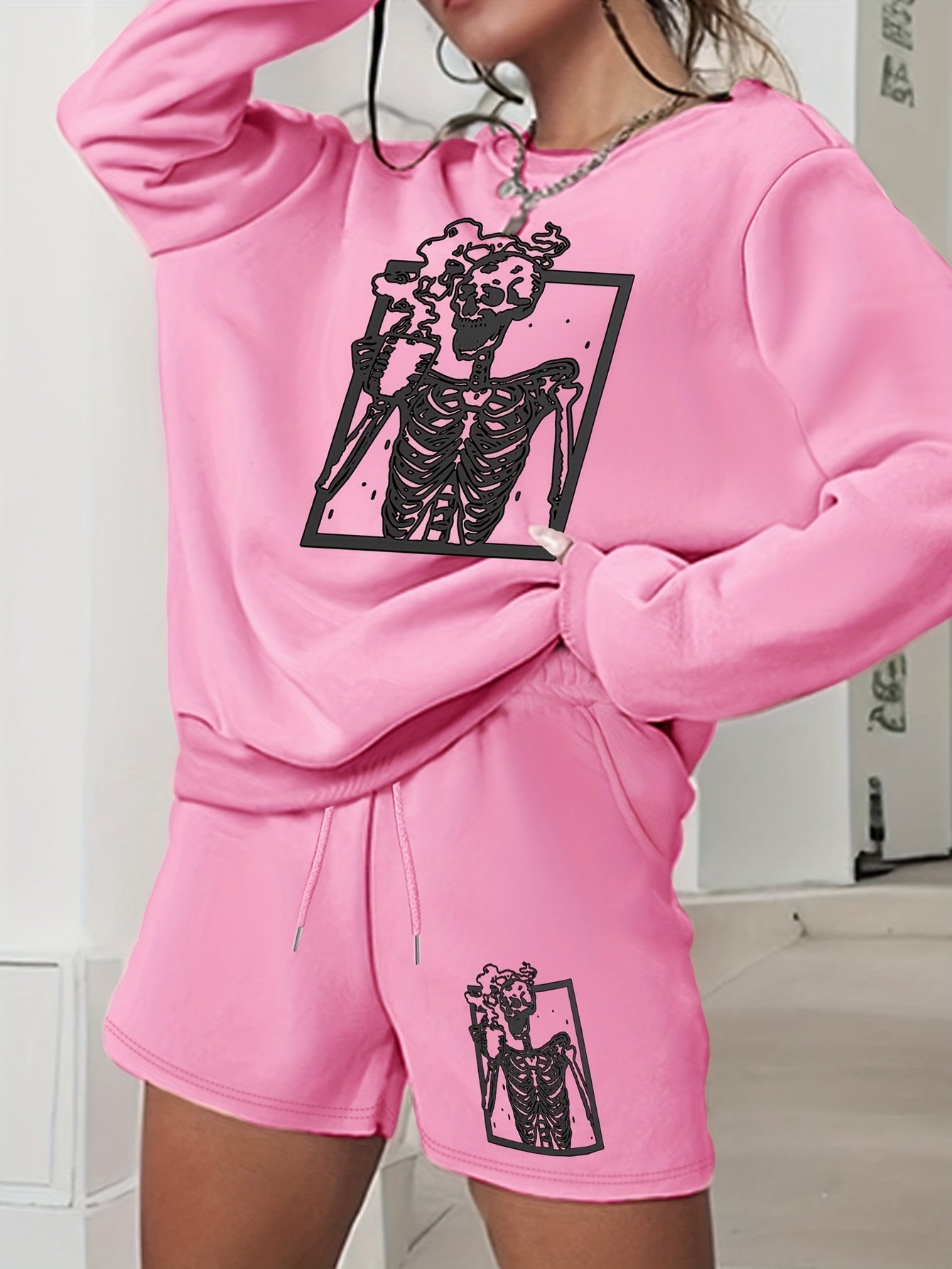  Halloween Casual Outfits Women's Plus Skull Print 2 Piece Set
