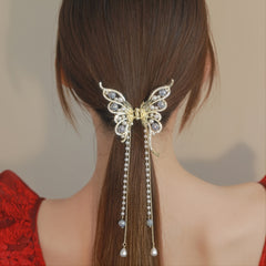 Butterfly Rhinestone Hair Claw Clip with Tassel - Golden