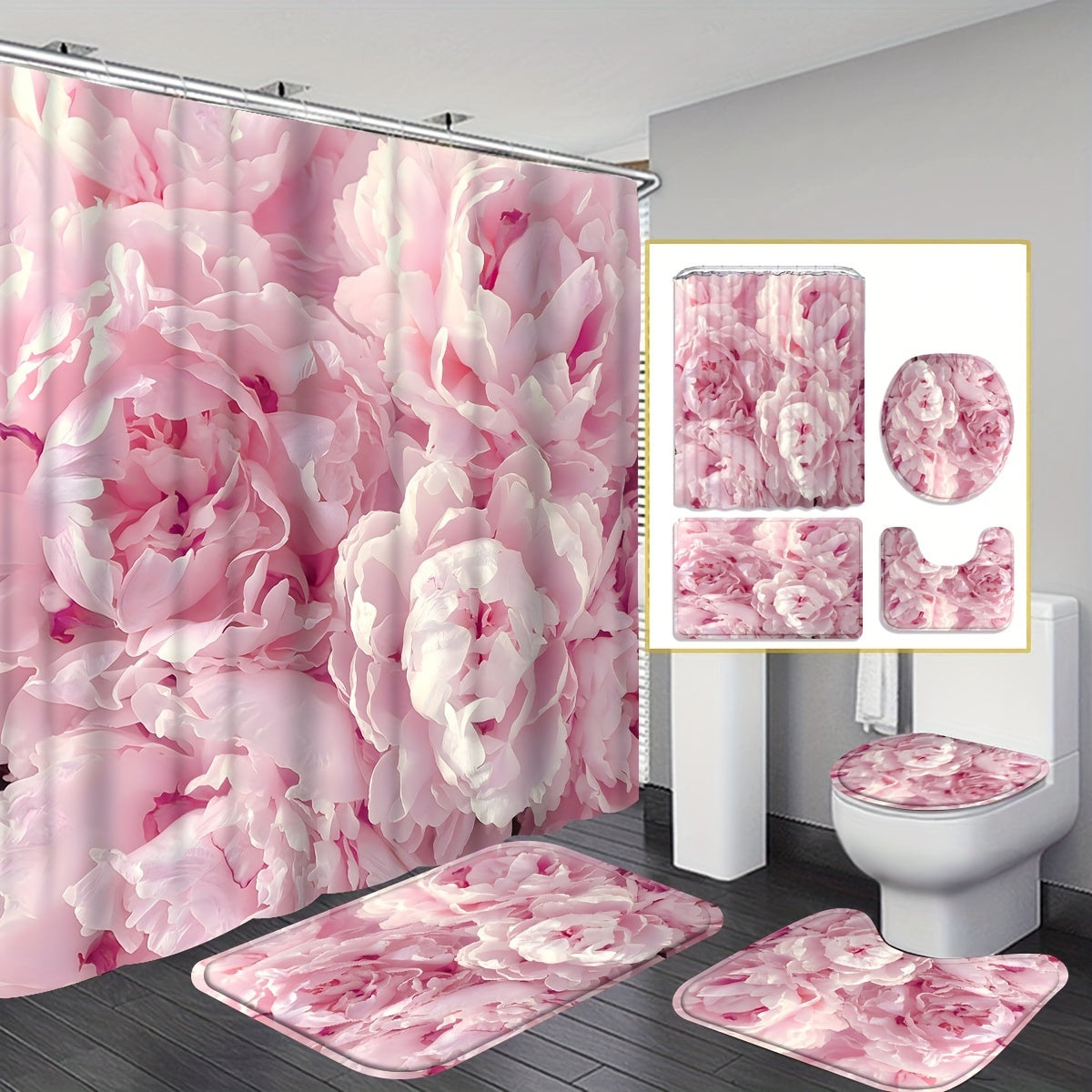 4pcs Pink Flowers Shower Curtain Waterproof Bathroom Decor Set
