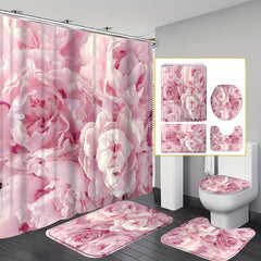 4pcs Pink Flowers Shower Curtain Waterproof Bathroom Decor Set