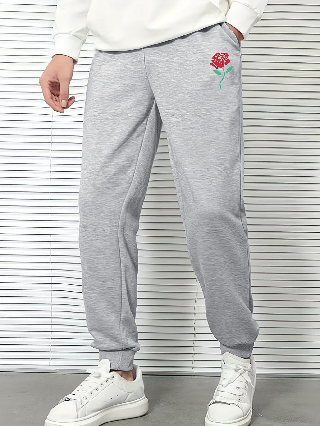 Men's Rose Print Drawstring Sweatpants Active Jogger Pants