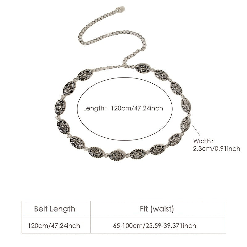 Vintage Engraved Metal Waist Chain Beaded Pendant Skinny Waist Belt