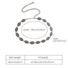 Vintage Engraved Metal Waist Chain Beaded Pendant Skinny Waist Belt