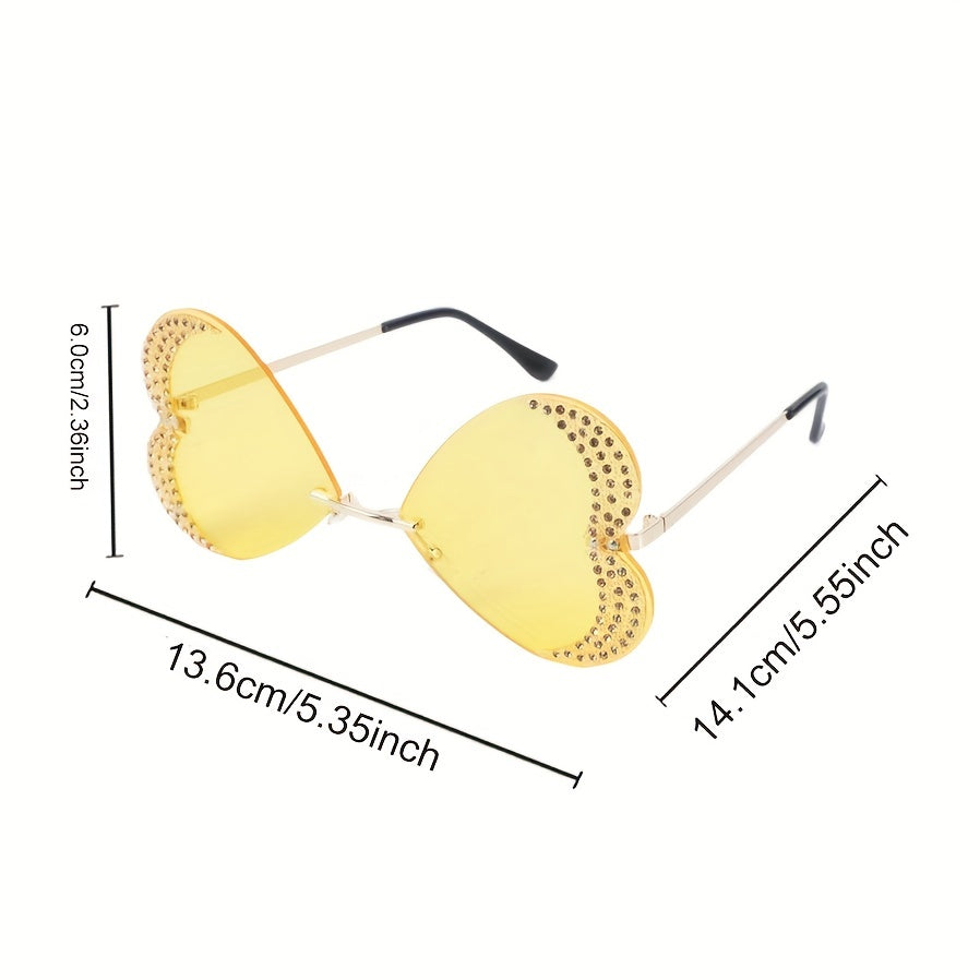 Y2K Rhinestone Heart Sunglasses Glitter Rimless UV400 Sun Shades