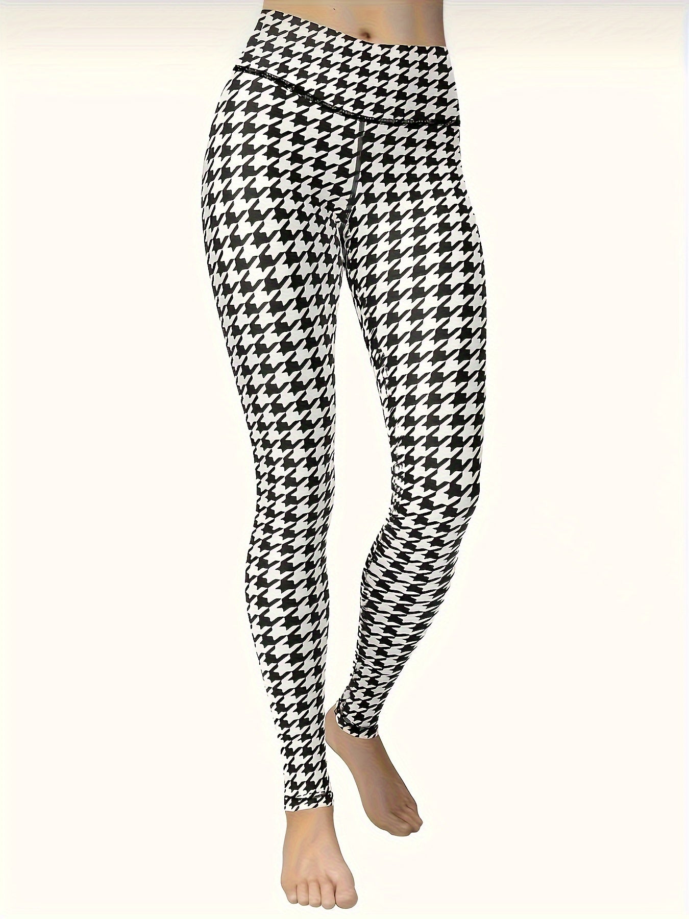 High Waist Houndstooth Print Yoga Pants Tummy Control