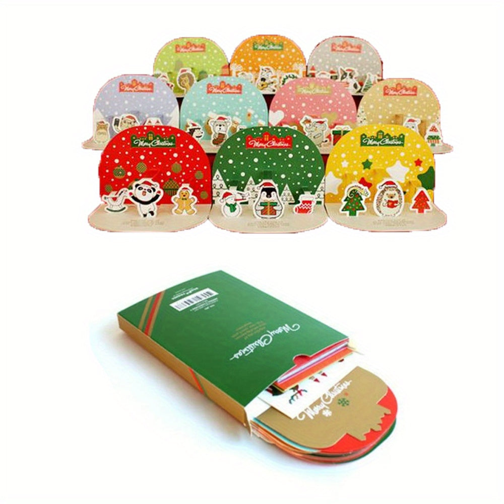 3D Christmas Greeting Card Set - 10 Cards, 2 Stickers, Envelopes Included