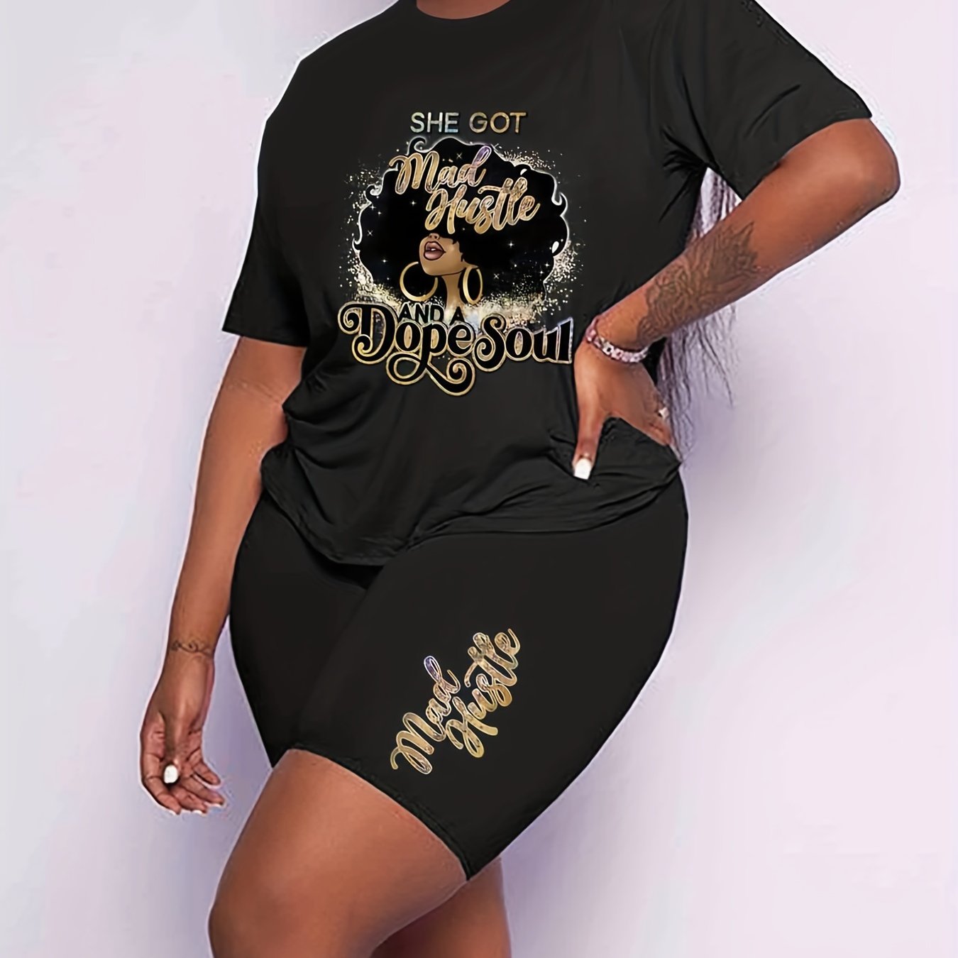  Casual Outfits Set Women's Plus Slogan & Figure Print 2 Piece Set