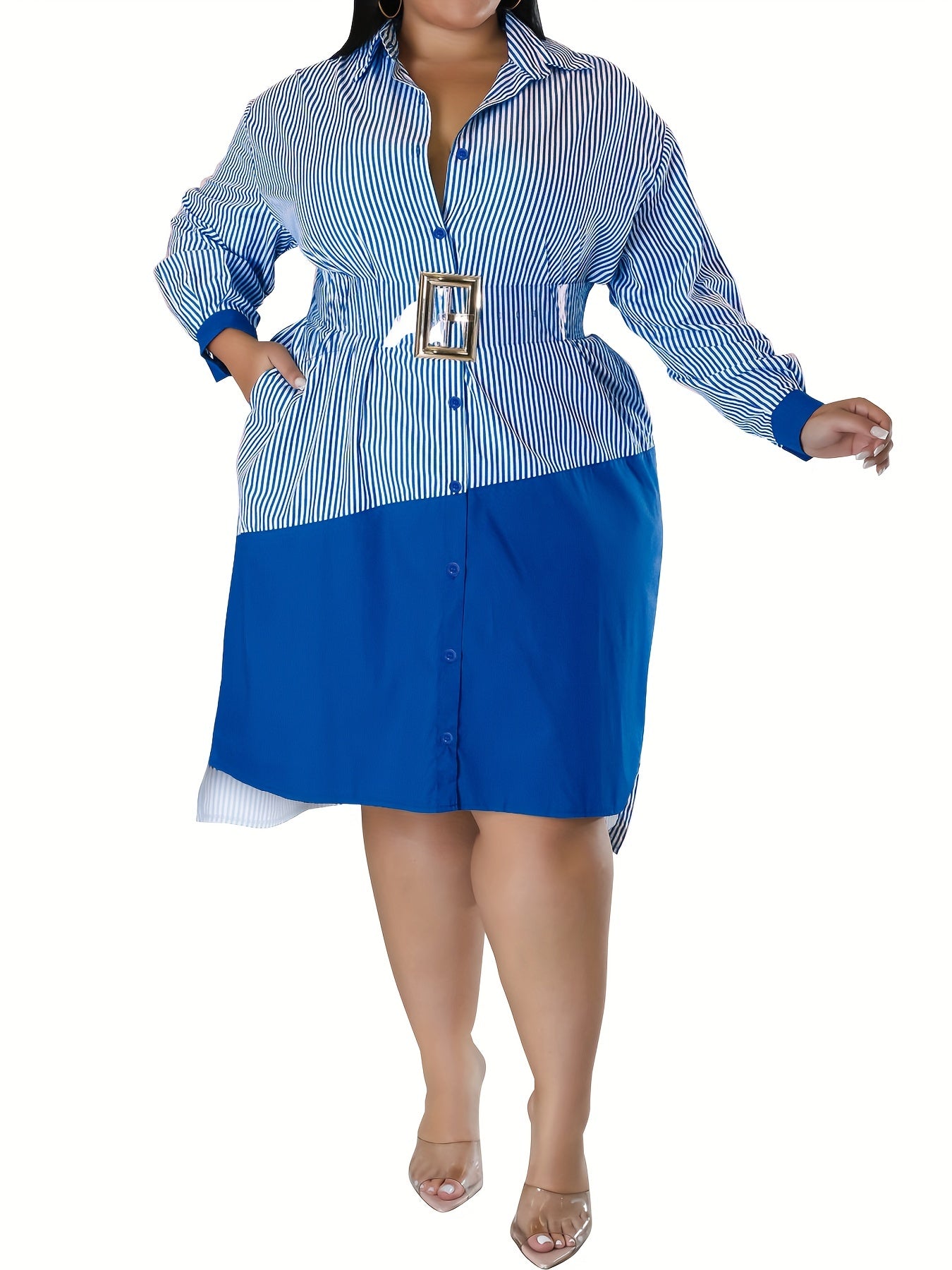  Colorblock Stripe Print Button Up Long Sleeve Midi Shirt Dress
