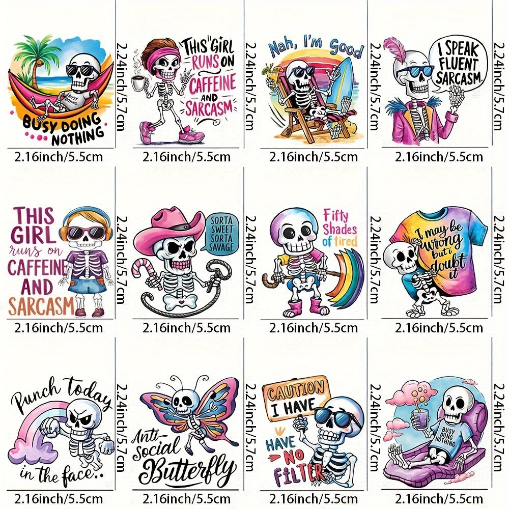 12pcs Fun Skull UV Transfer Decals Waterproof Stickers for Mugs Laptops