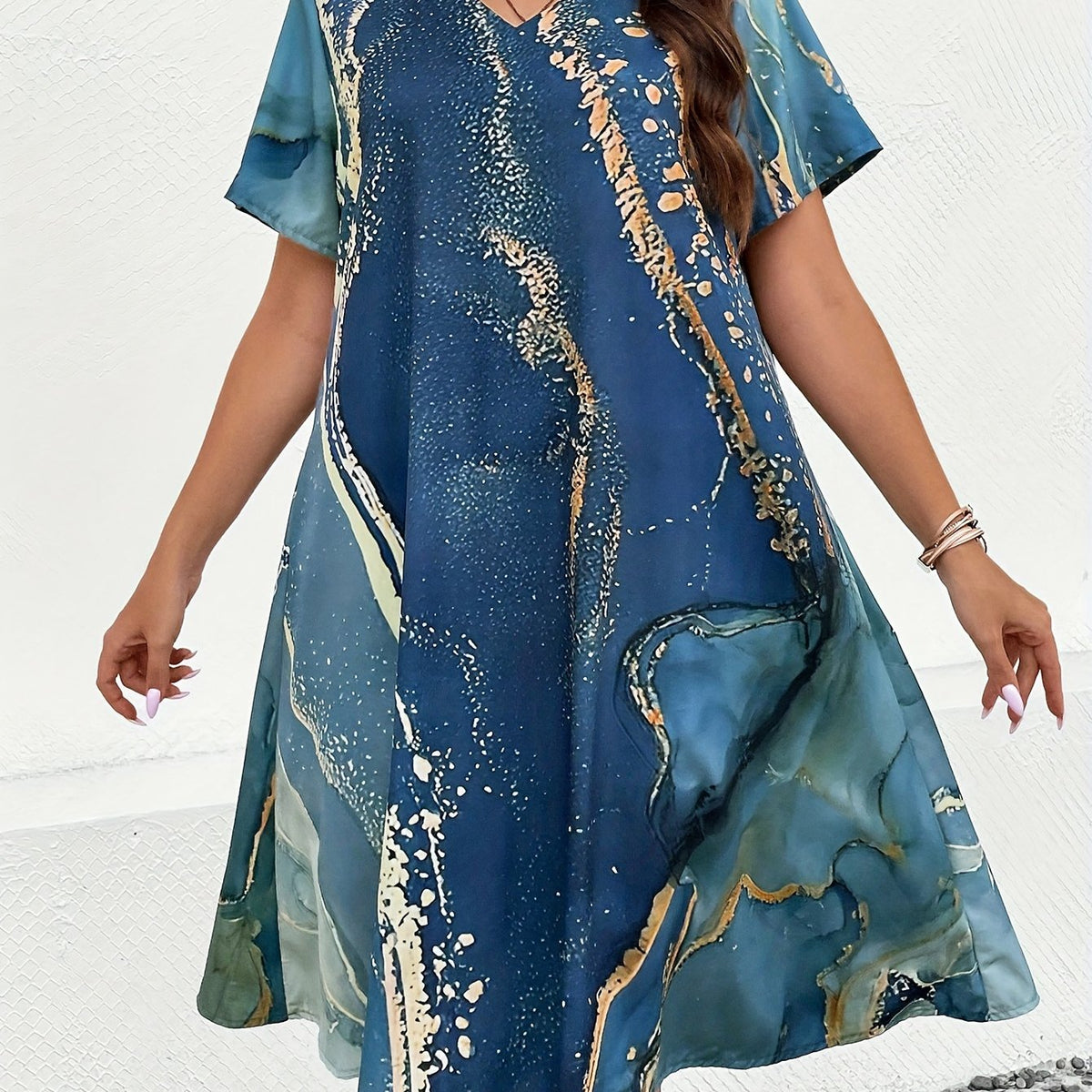 Women's Plus Marble Print V Neck Loose Fit Knee Dress