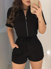  Casual Romper Women's Solid Short Sleeve Romper with Waist Knot