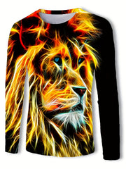 3D Lion Pattern Print Men's Graphic Crew Neck Long Sleejsons