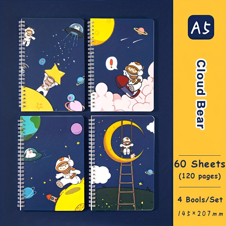 4PCS Astronaut Stationery Set: A5 Spiral Notebook, Handbook & Line Book