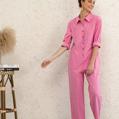  Solid Button Up Long Sleeve Jumpsuit