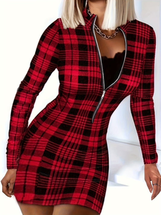  Plaid Print Long Sleeve Mock Neck Dress