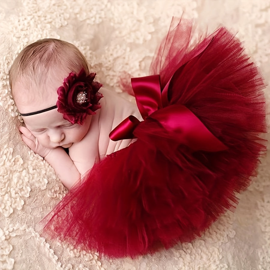 2pcs Newborn Baby Flower Headband and Skirt Set Red