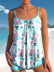  Triangle Print Tankini Set Women's Tie Cami Top & Shorts Swimsuit
