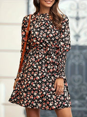  Boho Floral Print Long Sleeve Round Neck Mini Dress