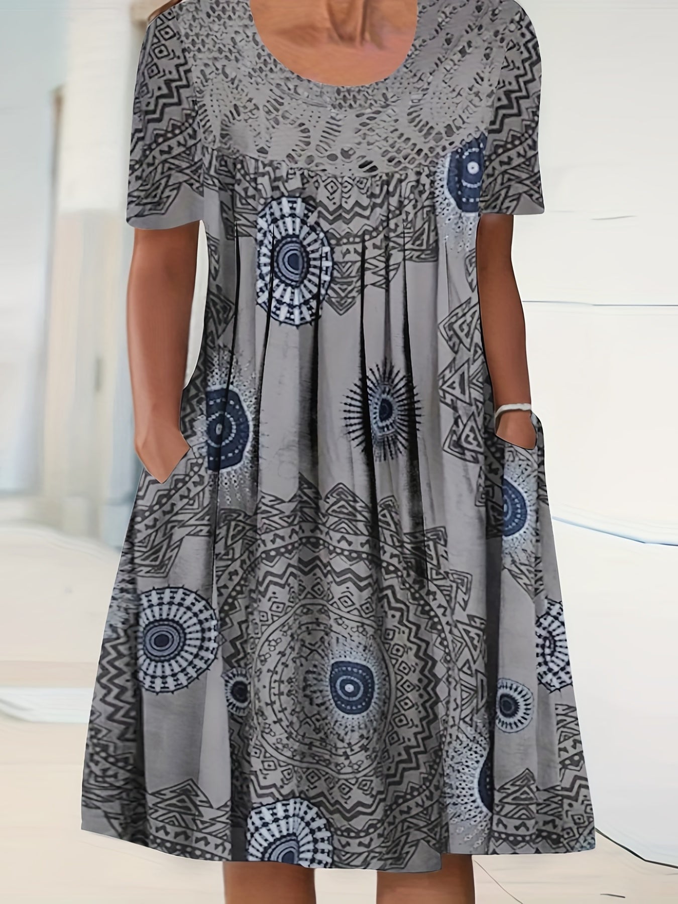  Casual Dress Women's Plus Random Print Contrast Lace Short Sleeve
