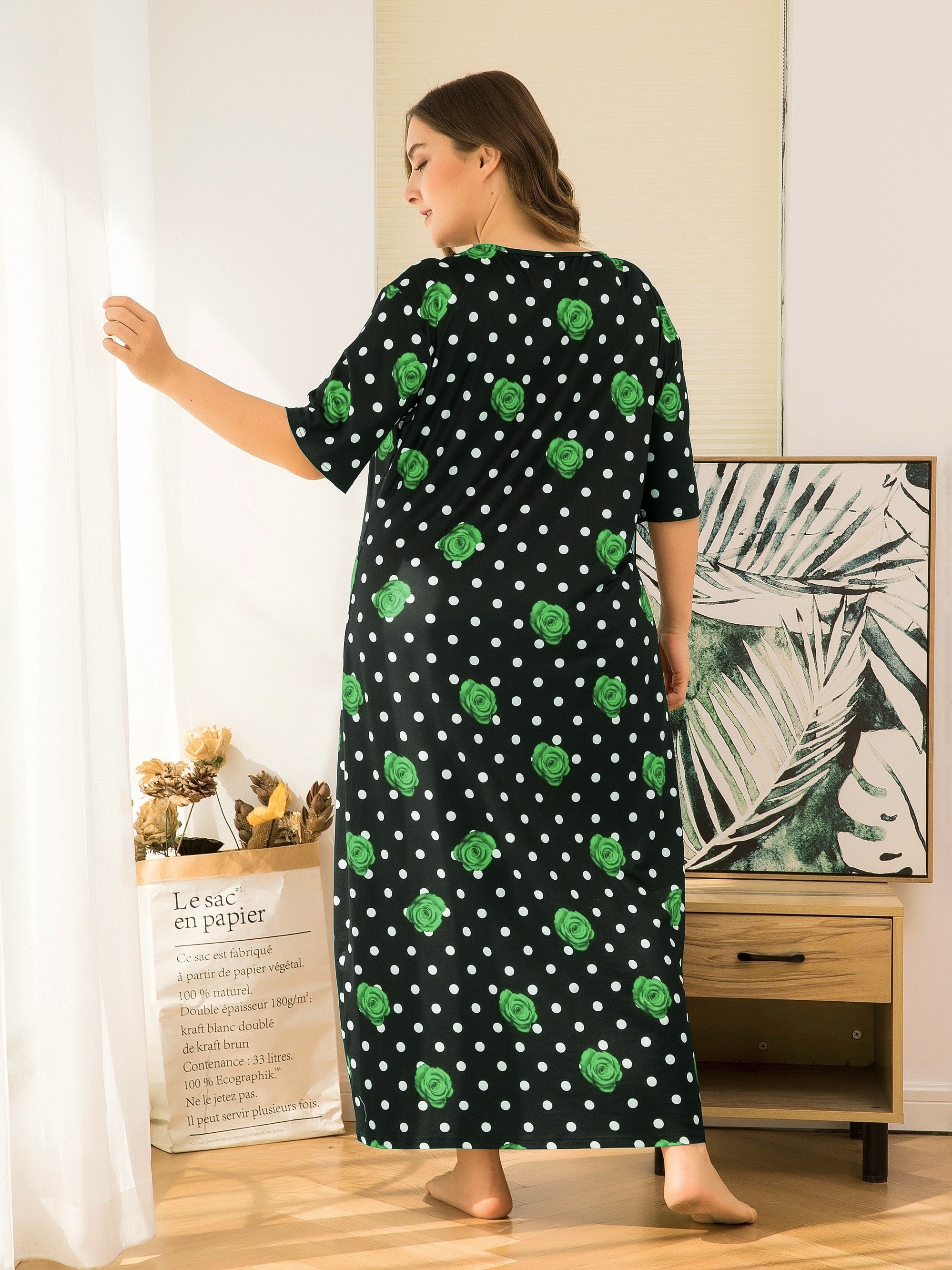  Nightdress: Rose & Dot Print Round Neck Sleep Dress