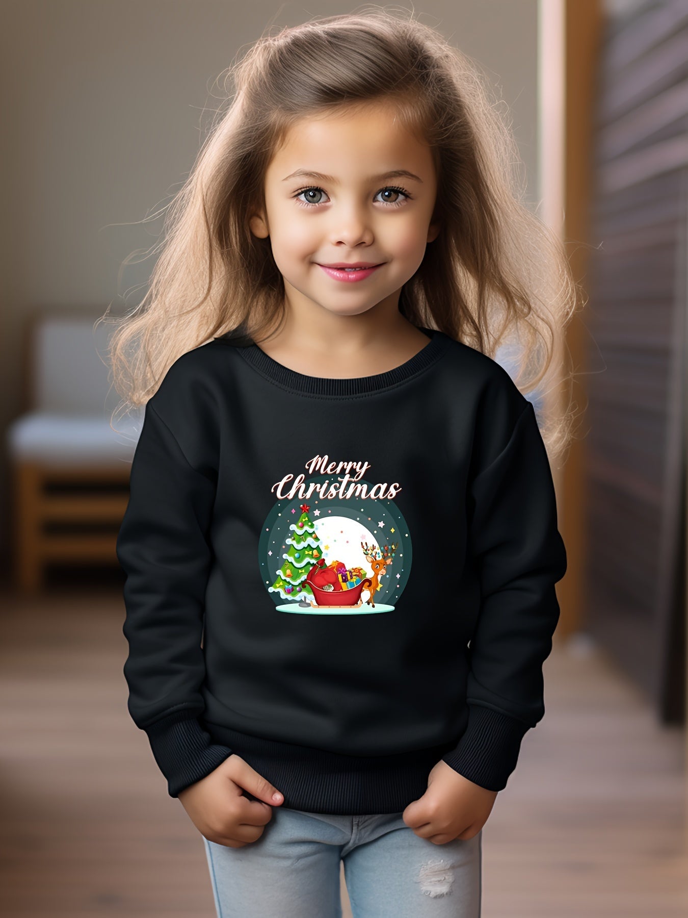 Reindeer Snow Graphic Crew Neck Sweatshirt Kids Christmas Gift
