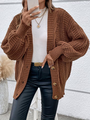  Solid Cable Lantern Sleeve Button Cardigan