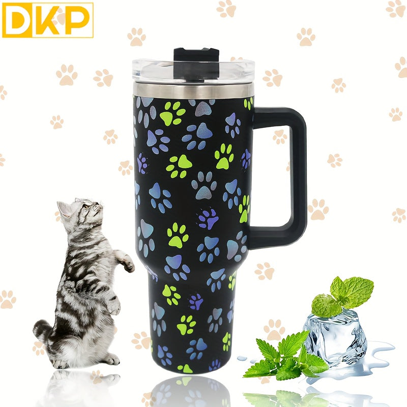 40oz Cat Claw Pattern Steel Water Bottle Insulated Tumbler w/Handle & Straw