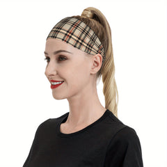 Vintage Plaid Headband Beige Red Checkered Pattern Elastic Sports Headwear