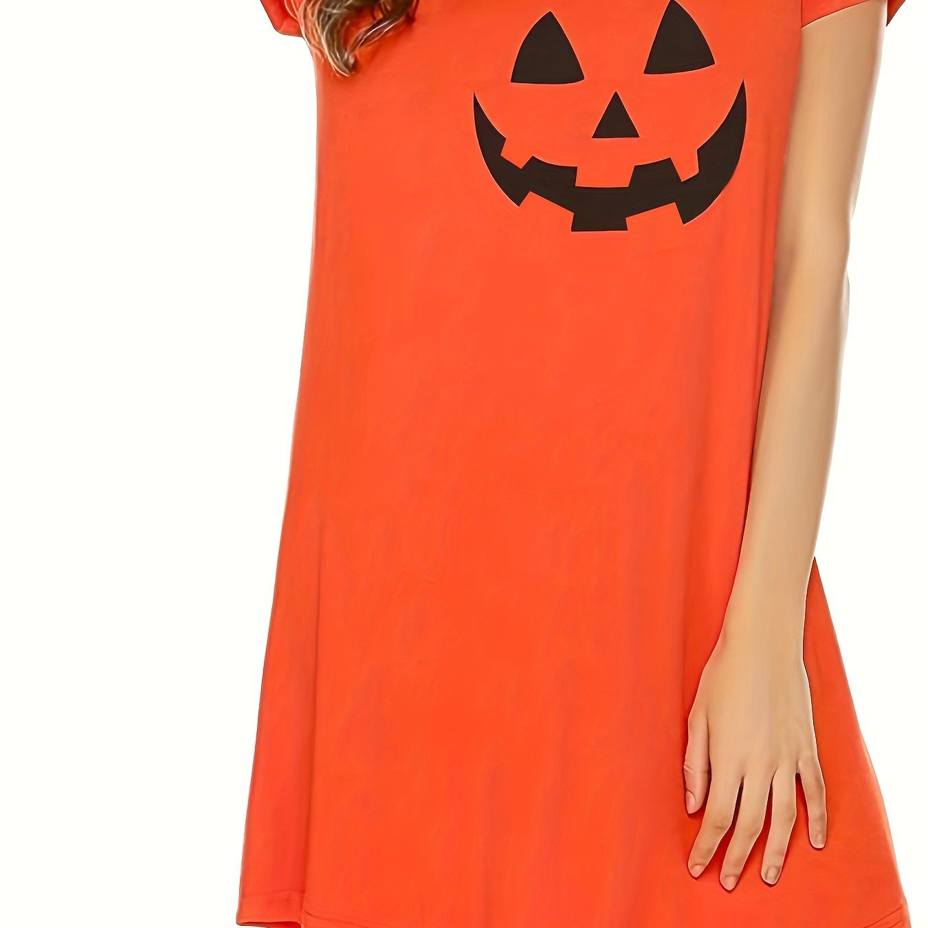  Halloween Pumpkin Face Print Round Neck Tee Sleep Dress