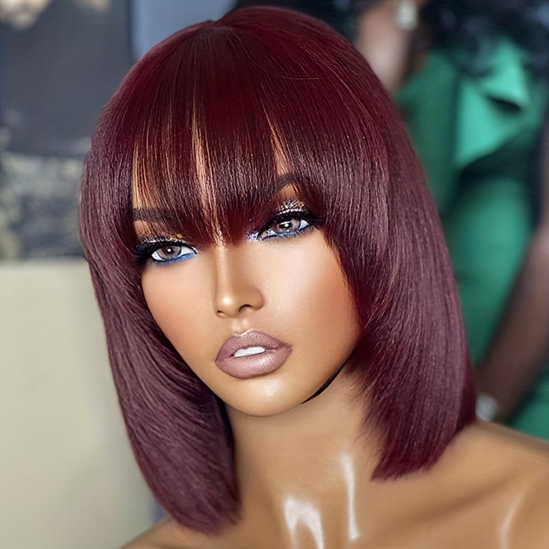 Burgundy Short Bob Wig with Bangs, Brazilian Human Hair, No Lace 180 Density