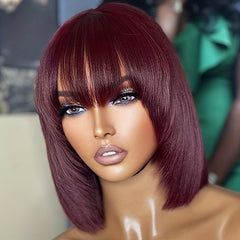 Burgundy Short Bob Wig with Bangs, Brazilian Human Hair, No Lace 180 Density