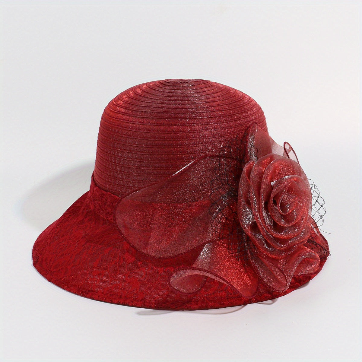 Embroidered Sun Hat Floral Decor Derby Hat Mesh Flower Bucket Hat