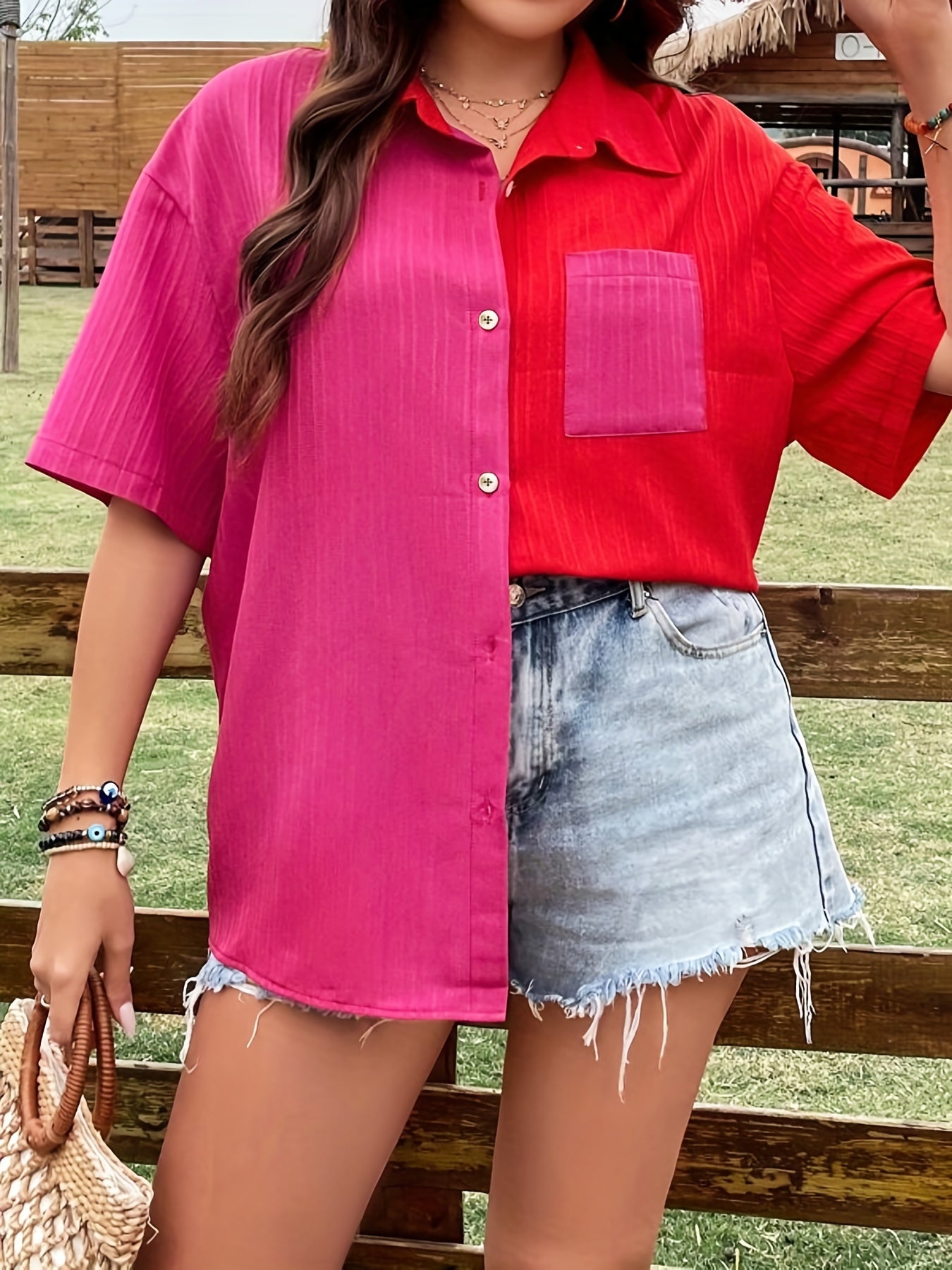  Colorblock Ribbed Short Sleeve Button Up Loose Fit Shirt