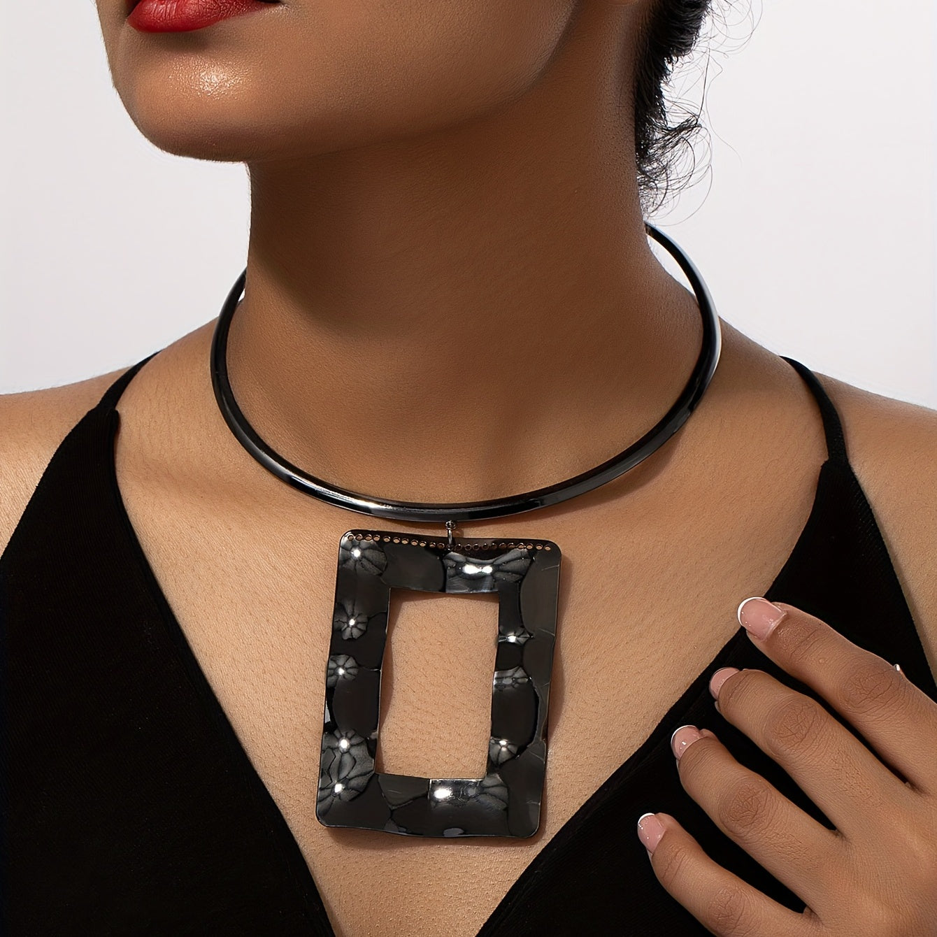 Geometric Pendant Choker & Earrings Set - Hip Hop Style