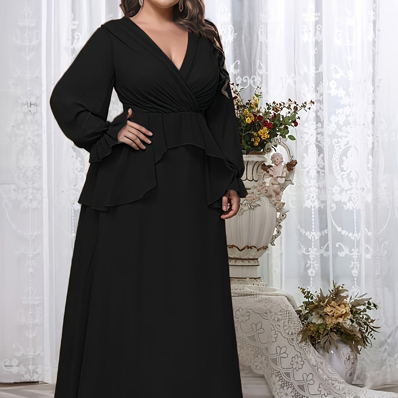  Solid Layered Flounce Sleeve Maxi Formal Dress