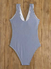  Nautical Stripe Ruffle V Neck One Piece Swimsuit