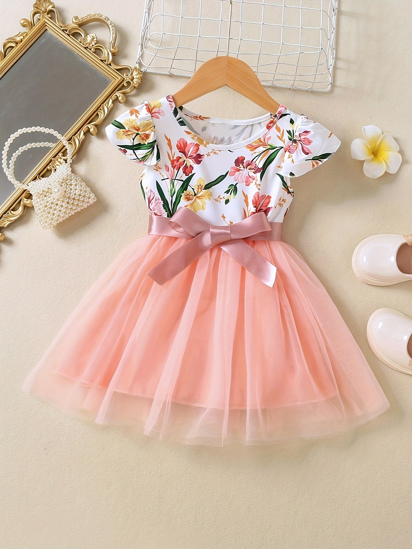 Girls Ruffled Sleeves Crew Neck Bow Floral Tulle Tutu Princess Dress
