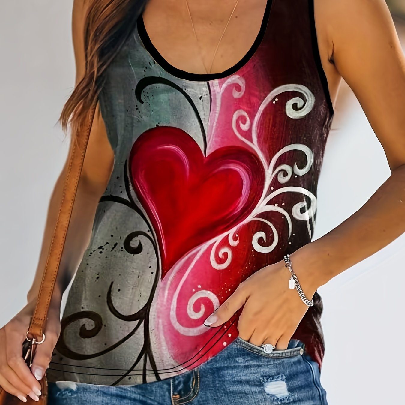  Heart Print Tank Top Women's Round Neck Stretch Casual Top
