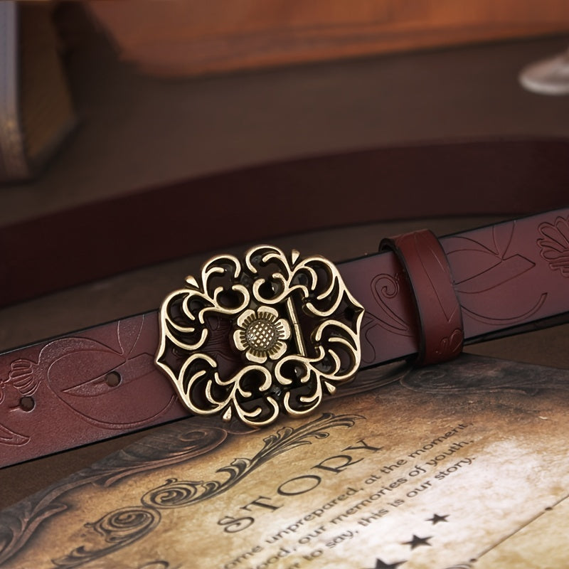 Vintage Flower Hollow Buckle Wide Leather Belt