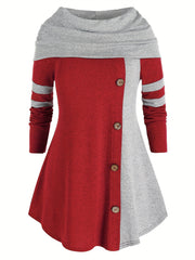  Colorblock Button Decor Hooded Knit Top