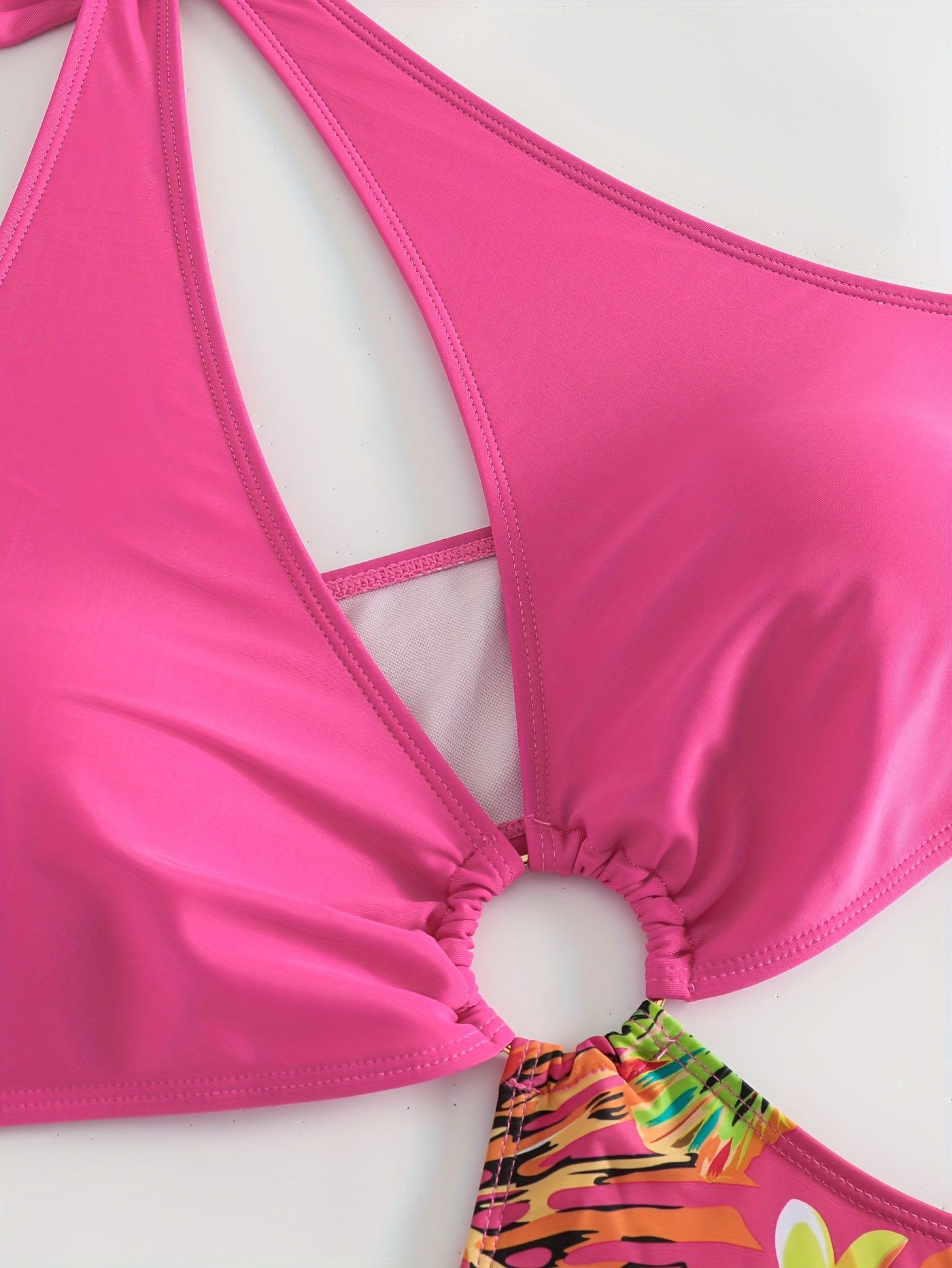  Tropical Print Cut Out Halter One Piece Swimsuit