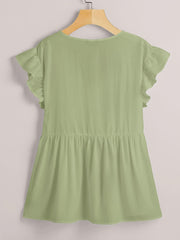  Solid Butterfly Sleeve V Neck Peplum Top