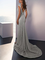 Sequined V Neck Floor Length Wedding Dress